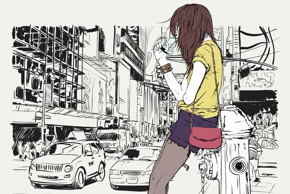 Rysunek dziewczyny z czerwoną torebką