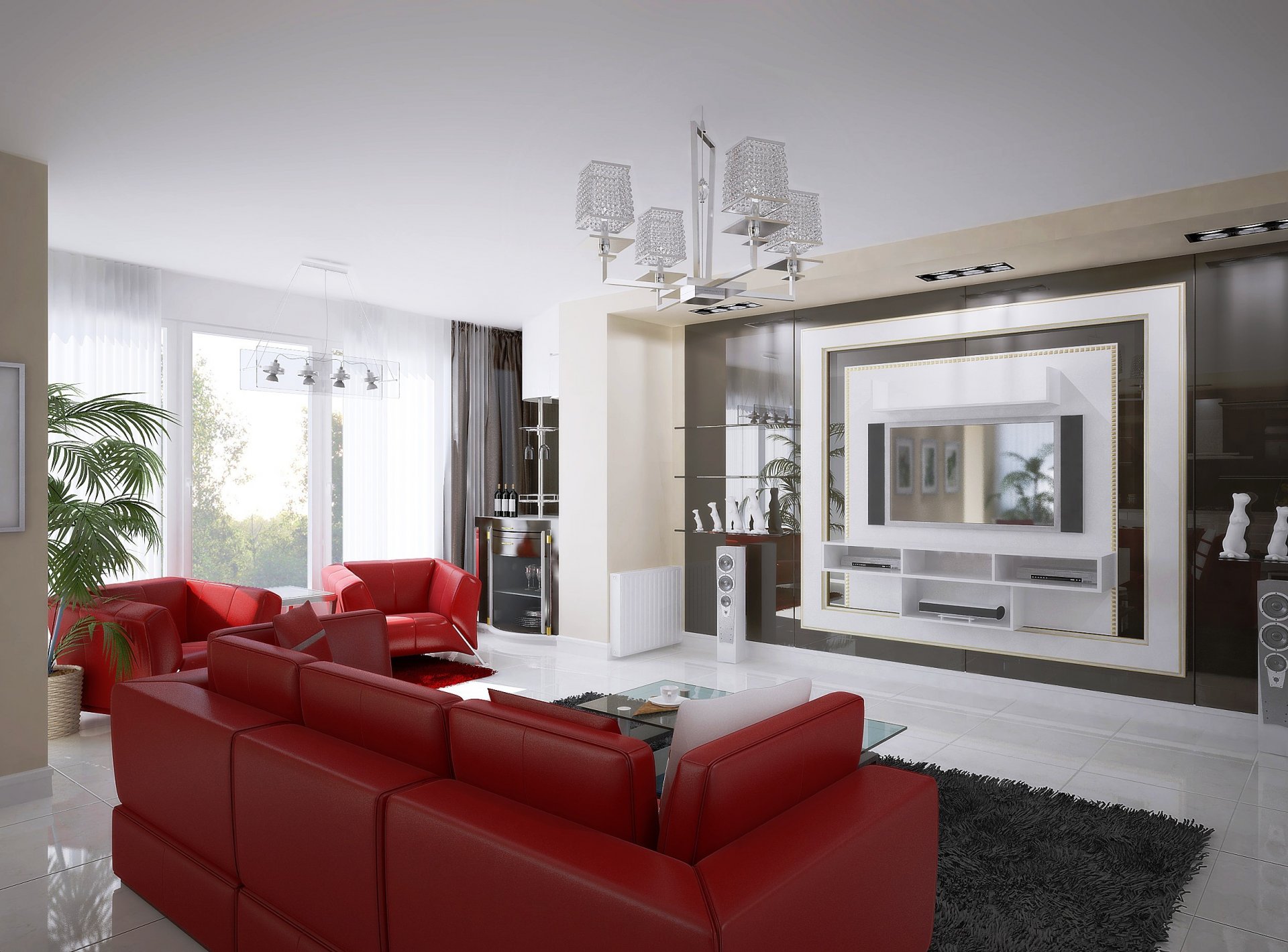 wnętrze design pokój czerwony sofa