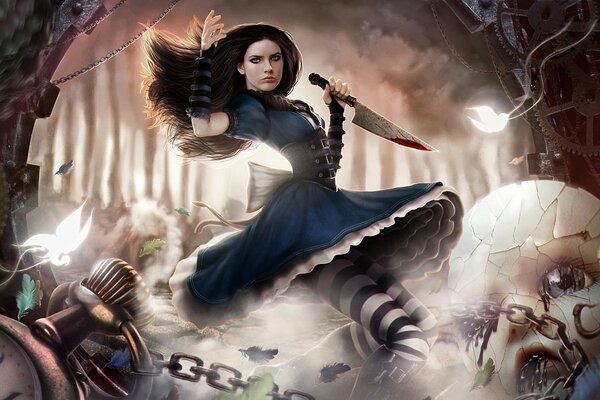 Alice Madnes Returns z zakrwawionym nożem w dłoni