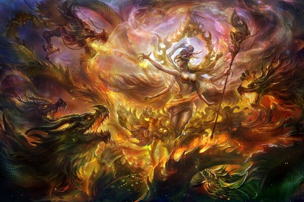 Art wieloręka dziewczyna ze smokami wykonuje magiczny rytuał