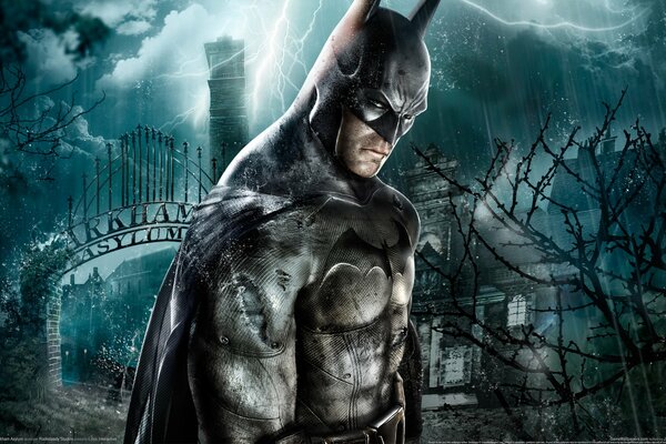 Batman na tle ciemnego, groźnego nieba w pobliżu bramy zamku