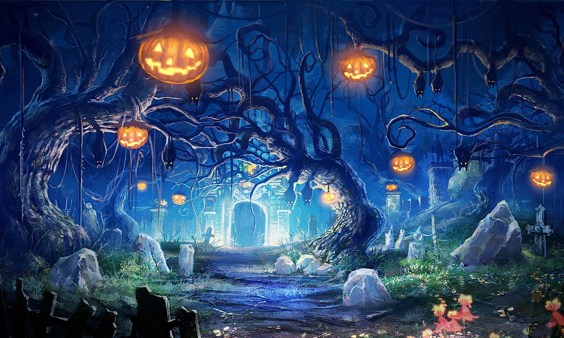 helloween sztuka dynie cmentarz nietoperze noc światła groby krypta kamienie drzewa