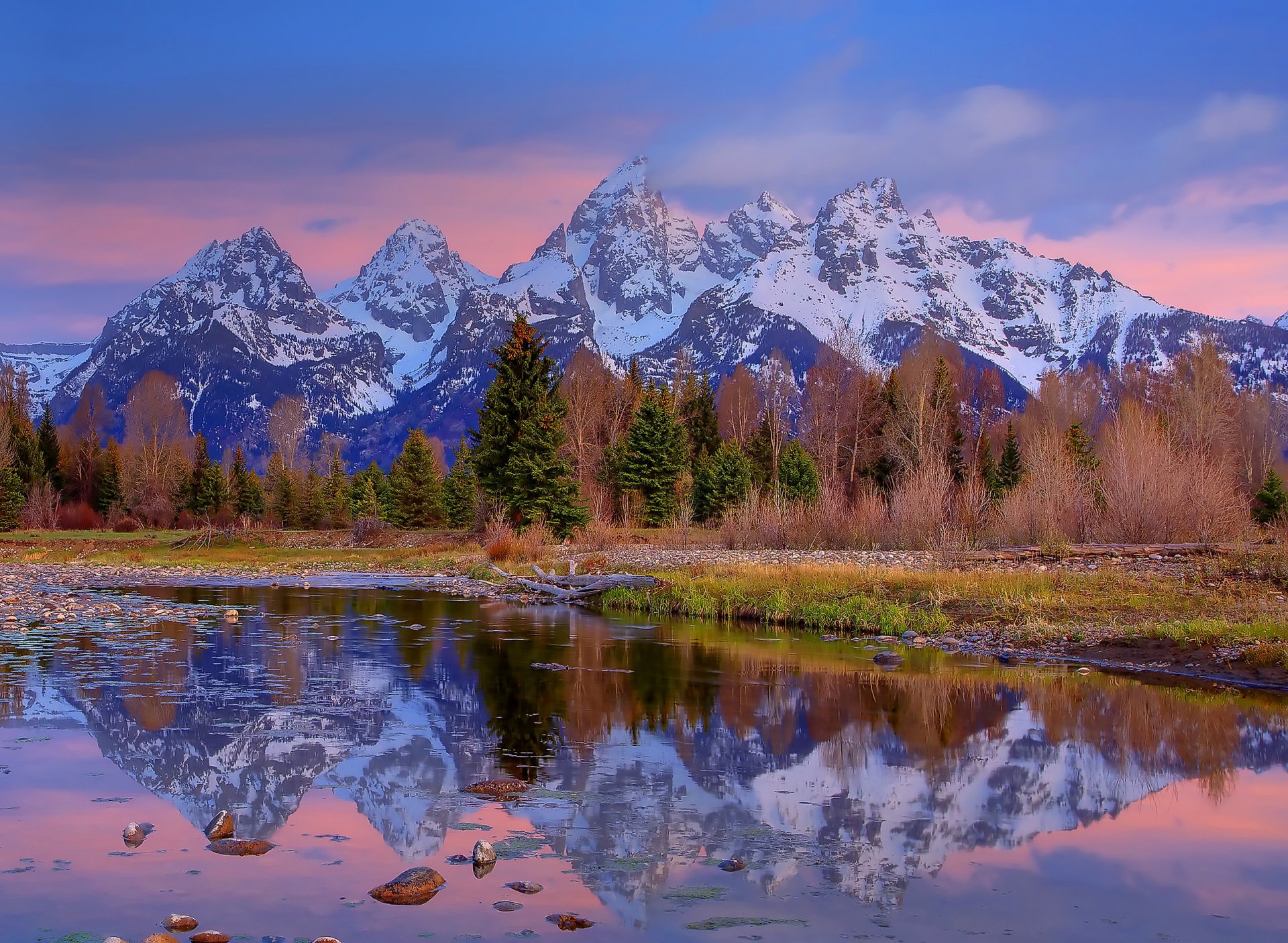 wyoming usa niebo chmury góry las rzeka natura jezioro skały drzewa